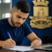 Jovem de camiseta azul-marinho escreve em documento com caneta azul, diante de notebook, em sala com brasão e bandeira de MG