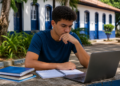 Jovem de camiseta azul estuda com laptop e cadernos em mesa externa, frente a casarão colonial azul e branco.