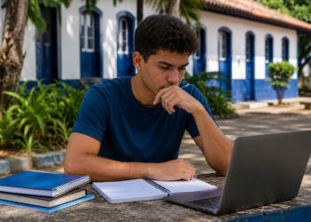 Jovem de camiseta azul estuda com laptop e cadernos em mesa externa, frente a casarão colonial azul e branco.