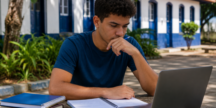 Jovem de camiseta azul estuda com laptop e cadernos em mesa externa, frente a casarão colonial azul e branco.