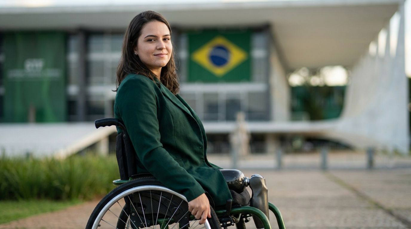 Mulher jovem em cadeira de rodas com prótese na perna esquerda, vestindo blazer verde, diante do Palácio do Planalto com bandeira do Brasil.