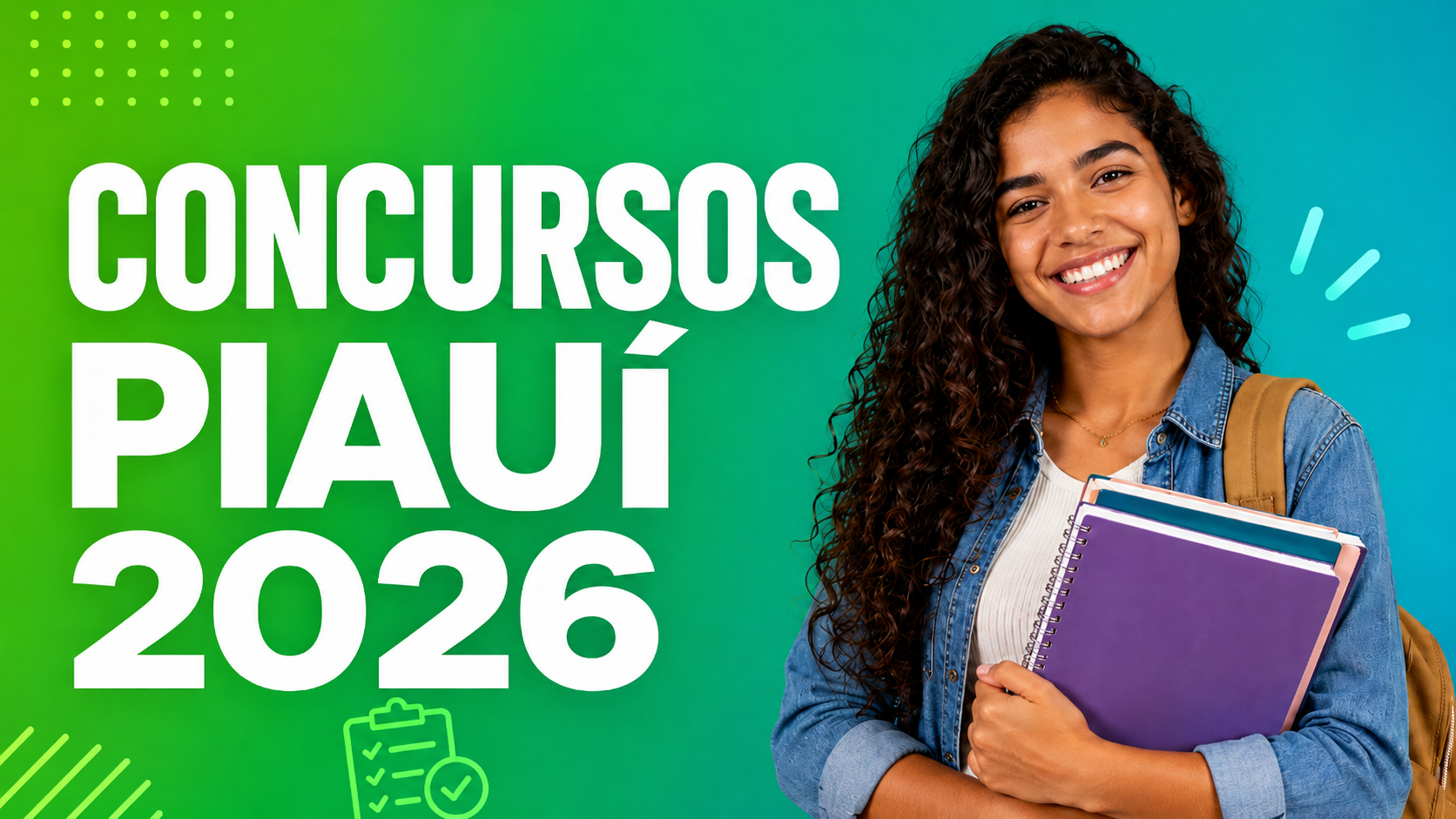 Jovem sorridente com cabelos cacheados, jaqueta jeans e mochila segura cadernos com texto Concursos Piauí 2026.
