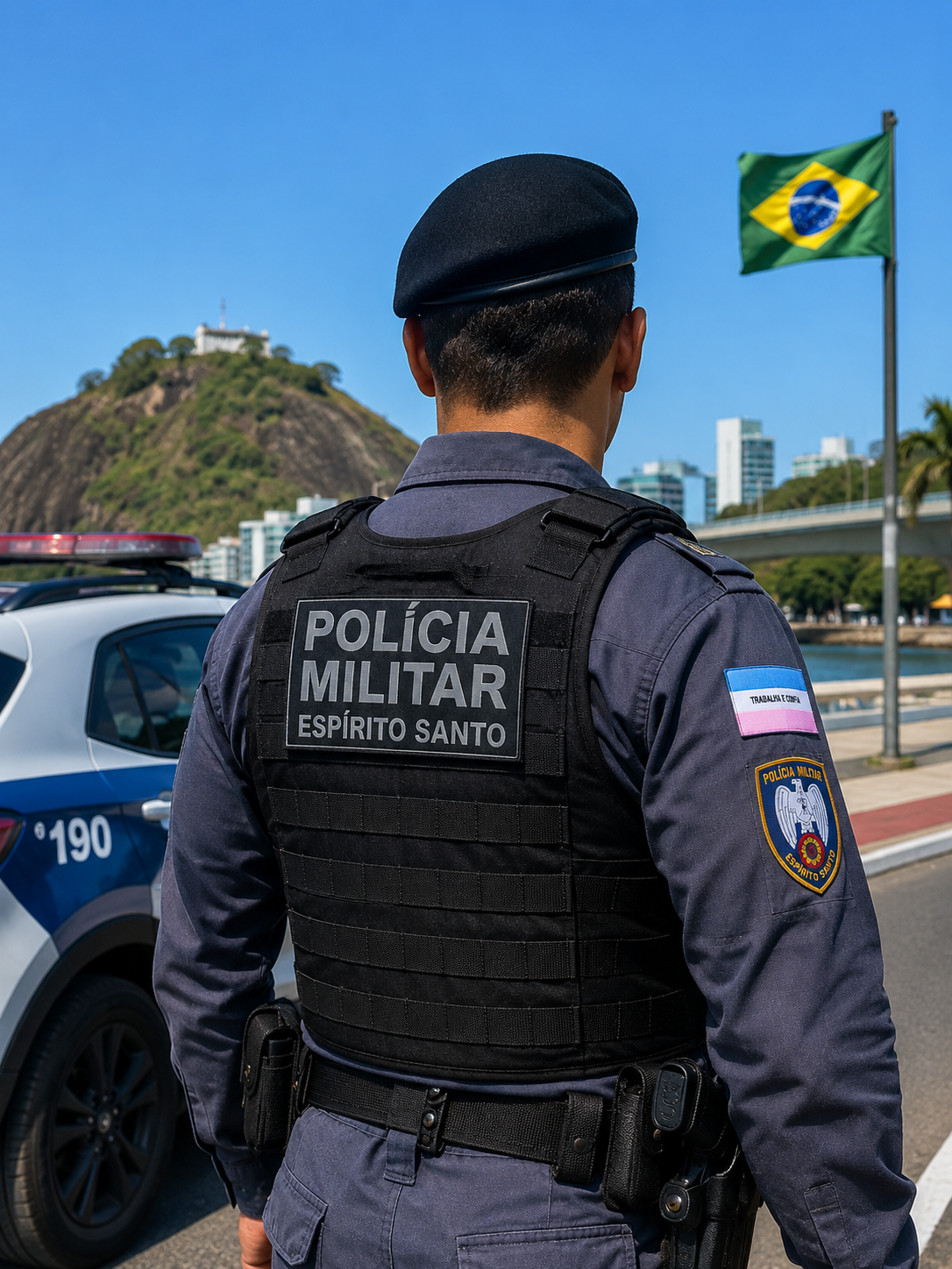Policial da PMES de costas com colete tático, boina e emblemas, ao lado de viatura com bandeira do Brasil ao fundo.