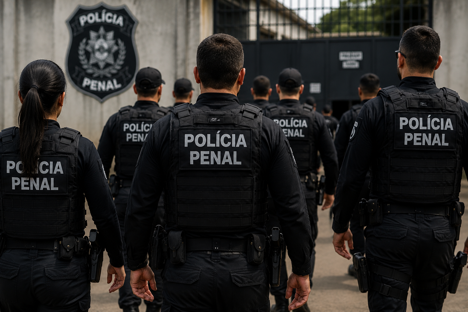 Grupo de policiais penais uniformizados de preto marchando em direção a portão de presídio com brasão da corporação.