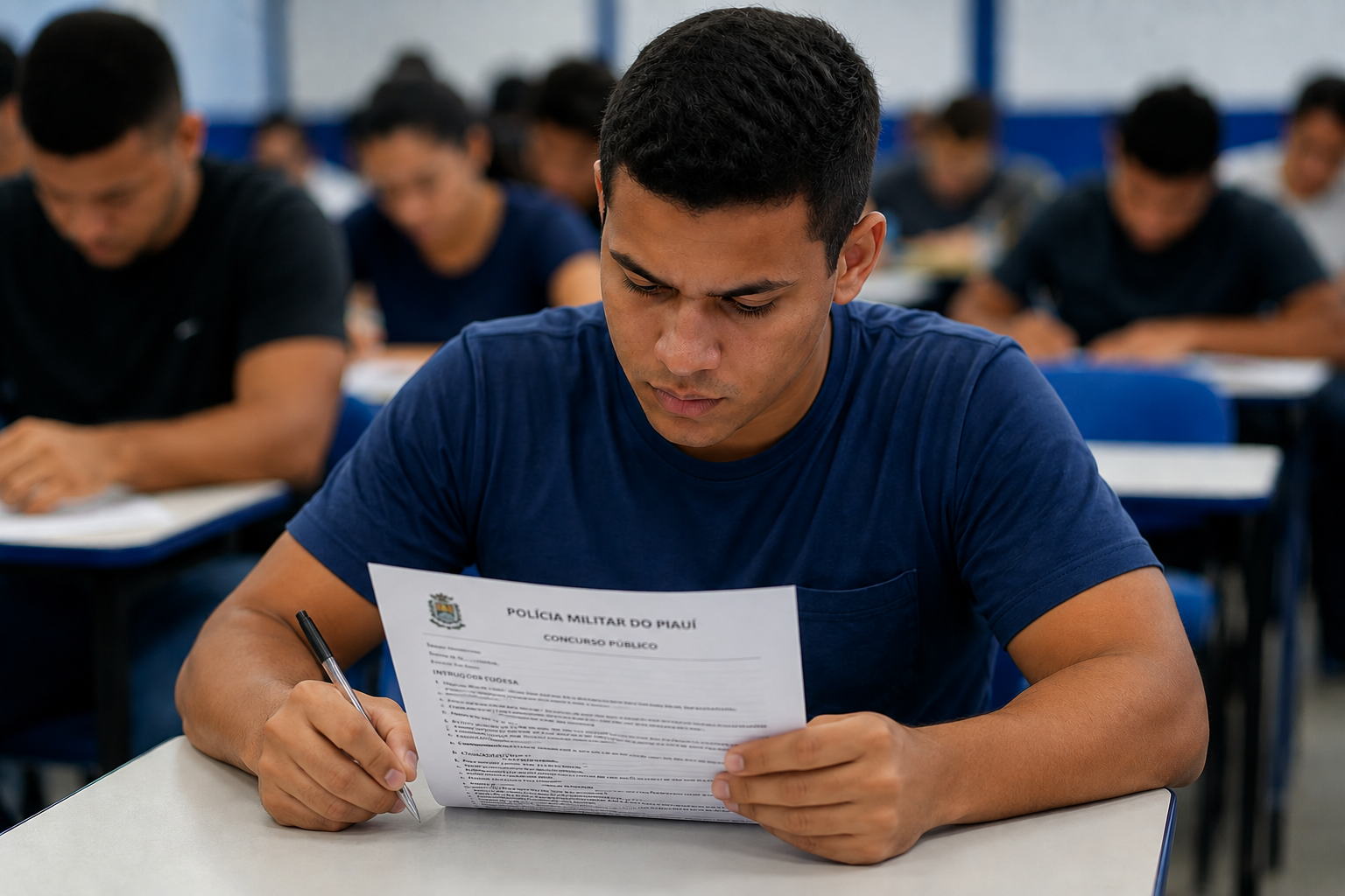 Jovem de camiseta azul marinho concentrado lendo prova do concurso público da PM do Piauí em sala de aula.