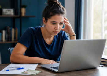 Mulher jovem de camiseta azul com coque no cabelo olha concentrada para laptop em mesa com documentos e RG.