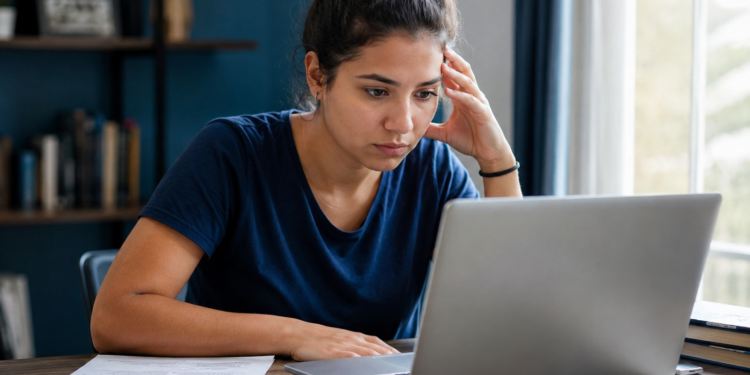 Mulher jovem de camiseta azul com coque no cabelo olha concentrada para laptop em mesa com documentos e RG.