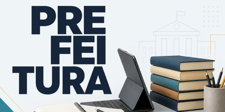 Mesa com tablet, caderno aberto, livros empilhados e canetas ao lado do texto "Concurso Prefeitura".