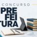 Mesa com tablet, caderno aberto, livros empilhados e canetas ao lado do texto "Concurso Prefeitura".