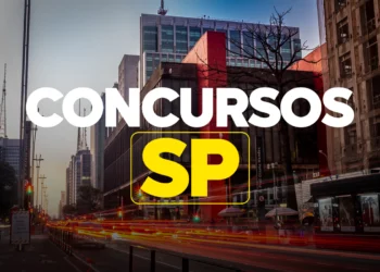 Vista da Avenida Paulista com MASP vermelho ao fundo, texto "Concursos SP" em destaque