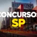 Vista da Avenida Paulista com MASP vermelho ao fundo, texto "Concursos SP" em destaque