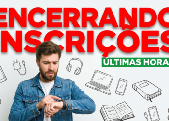 Homem de barba olhando relógio preocupado com texto "Encerrando Inscrições" e ícones de gadgets ao fundo