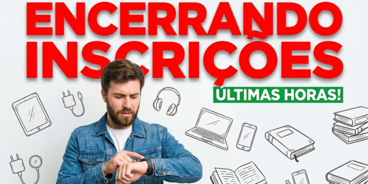 Homem de barba olhando relógio preocupado com texto "Encerrando Inscrições" e ícones de gadgets ao fundo
