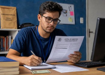 Jovem de óculos e camiseta azul analisa edital de concurso público enquanto faz anotações em caderno.