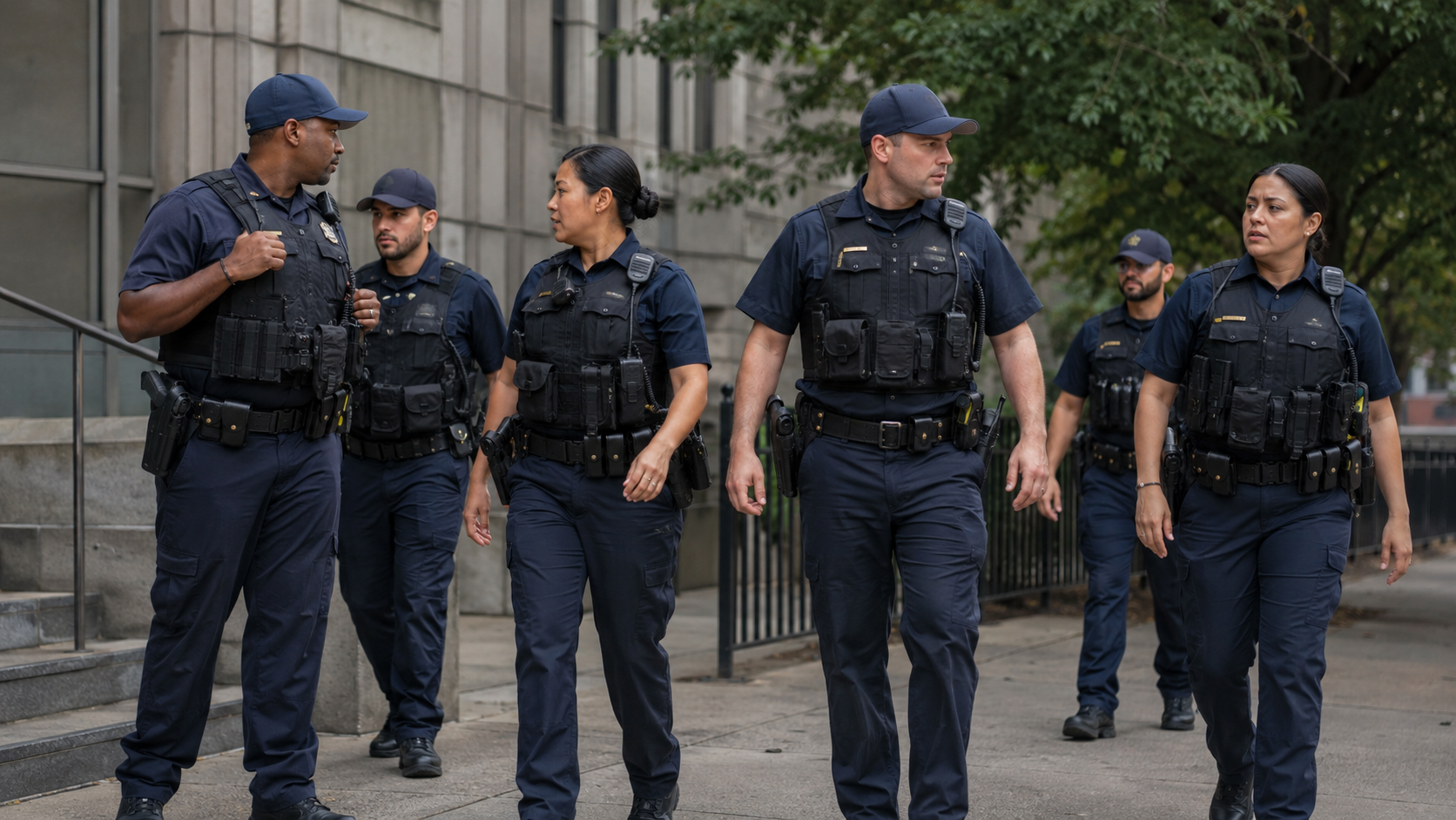 Seis policiais em uniformes azul-marinho com coletes táticos e bonés caminham em formação em área urbana.