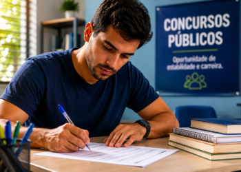 Homem jovem de camiseta azul marinho escreve com caneta em documentos ao lado de livros empilhados em ambiente de estudos.