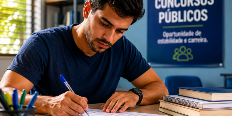 Homem jovem de camiseta azul marinho escreve com caneta em documentos ao lado de livros empilhados em ambiente de estudos.