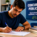 Homem jovem de camiseta azul marinho escreve com caneta em documentos ao lado de livros empilhados em ambiente de estudos.