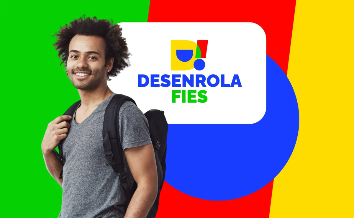 Estudante com mochila ao lado do logotipo Desenrola Fies representando as condições de renegociação em 2026