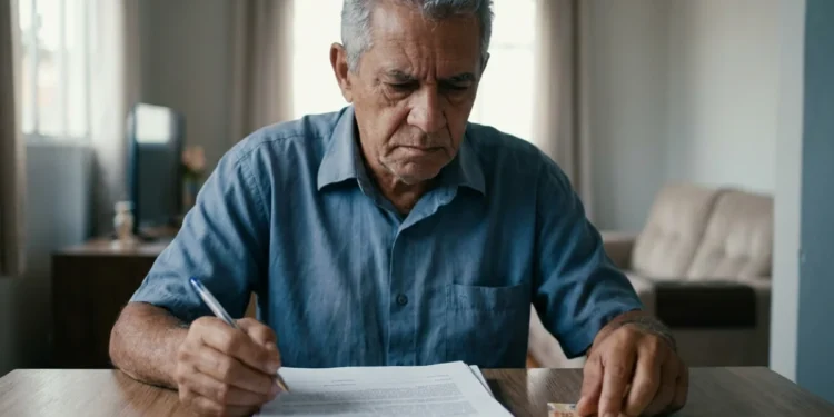 Idoso analisando contrato e dinheiro sobre a mesa após novas regras do consignado do INSS para contratações em 2026.