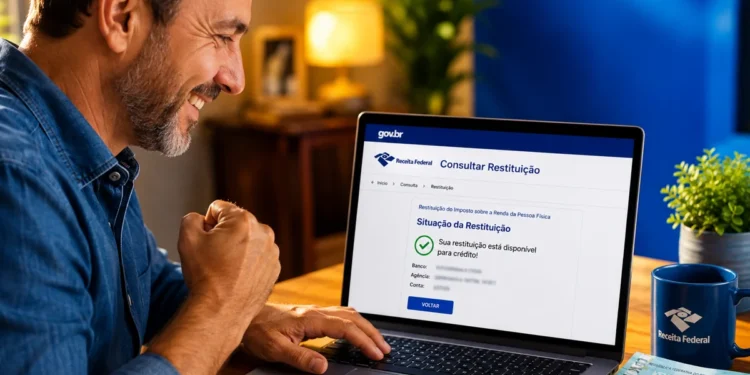 Homem consultando restituição do Imposto de Renda em notebook, com expressão de satisfação, em ambiente iluminado, representando a consulta ao maior lote de 2026.