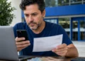 Contribuinte utilizando smartphone para consultar a restituição do Imposto de Renda enquanto analisa documentos e utiliza o computador, representando a consulta ao primeiro lote liberado hoje (22).