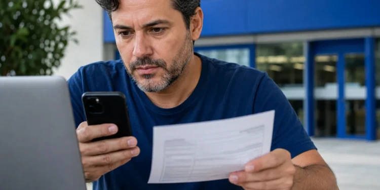 Contribuinte utilizando smartphone para consultar a restituição do Imposto de Renda enquanto analisa documentos e utiliza o computador, representando a consulta ao primeiro lote liberado hoje (22).
