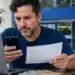 Contribuinte utilizando smartphone para consultar a restituição do Imposto de Renda enquanto analisa documentos e utiliza o computador, representando a consulta ao primeiro lote liberado hoje (22).