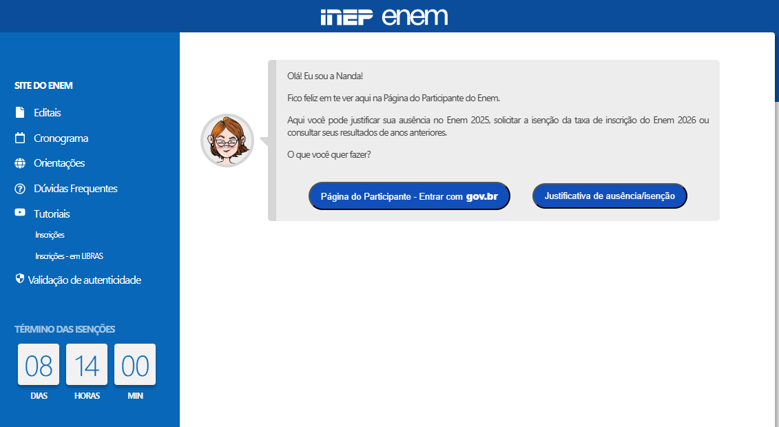 Página do Participante do Inep com botões para login Gov.br e envio de justificativa de ausência ou isenção do Enem 2026