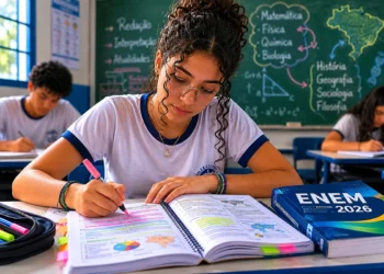 Estudante revisando conteúdos do Enem 2026 em sala de aula, representando os temas que não podem ficar de fora da preparação.