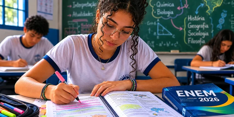 Estudante revisando conteúdos do Enem 2026 em sala de aula, representando os temas que não podem ficar de fora da preparação.