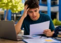 Estudante preocupado consulta documento ao lado de notebook, representando o prazo final das vagas remanescentes do Fies 2026