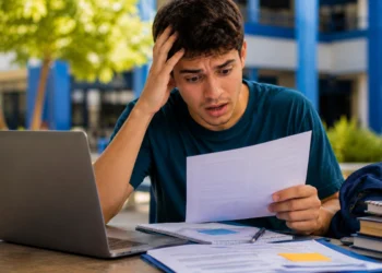 Estudante preocupado consulta documento ao lado de notebook, representando o prazo final das vagas remanescentes do Fies 2026