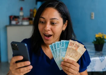 Mulher segurando dinheiro enquanto consulta informações no celular, representando o pagamento residual do FGTS.