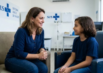 Imagem ilustrativa de profissional do SUS conversando com uma criança, em referência ao atendimento de saúde mental garantido pela Lei nº 15.413