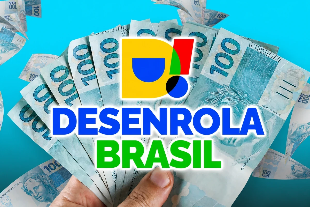 Pessoa segurando notas de R$ 100 com logo do Desenrola Brasil, em referência aos critérios de participação no programa.