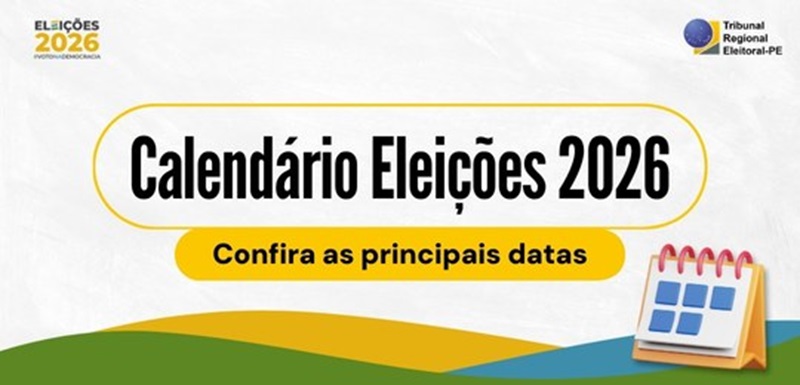 Banner do TRE-PE com o título Calendário Eleições 2026 e ilustração de um calendário azul ao lado direito