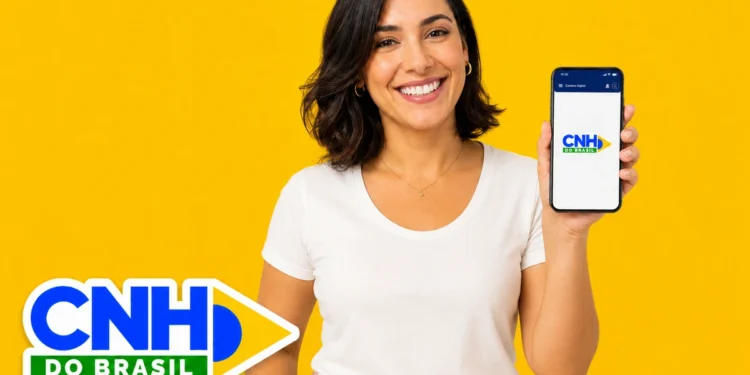 Mulher segura celular com app da CNH do Brasil em fundo amarelo, destacando cursos teóricos gratuitos para tirar a CNH
