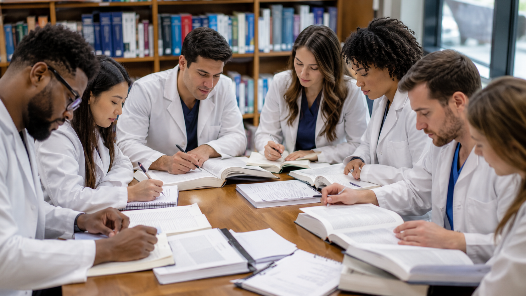 Grupo diverso de 8 estudantes de medicina vestindo jalecos brancos estuda em volta de mesa na biblioteca com livros