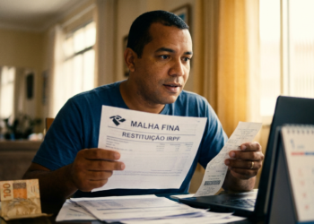 Contribuinte analisa documentos da restituição do IRPF em casa, em referência ao 1º lote do Imposto de Renda 2026.