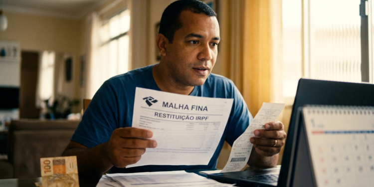 Contribuinte analisa documentos da restituição do IRPF em casa, em referência ao 1º lote do Imposto de Renda 2026.