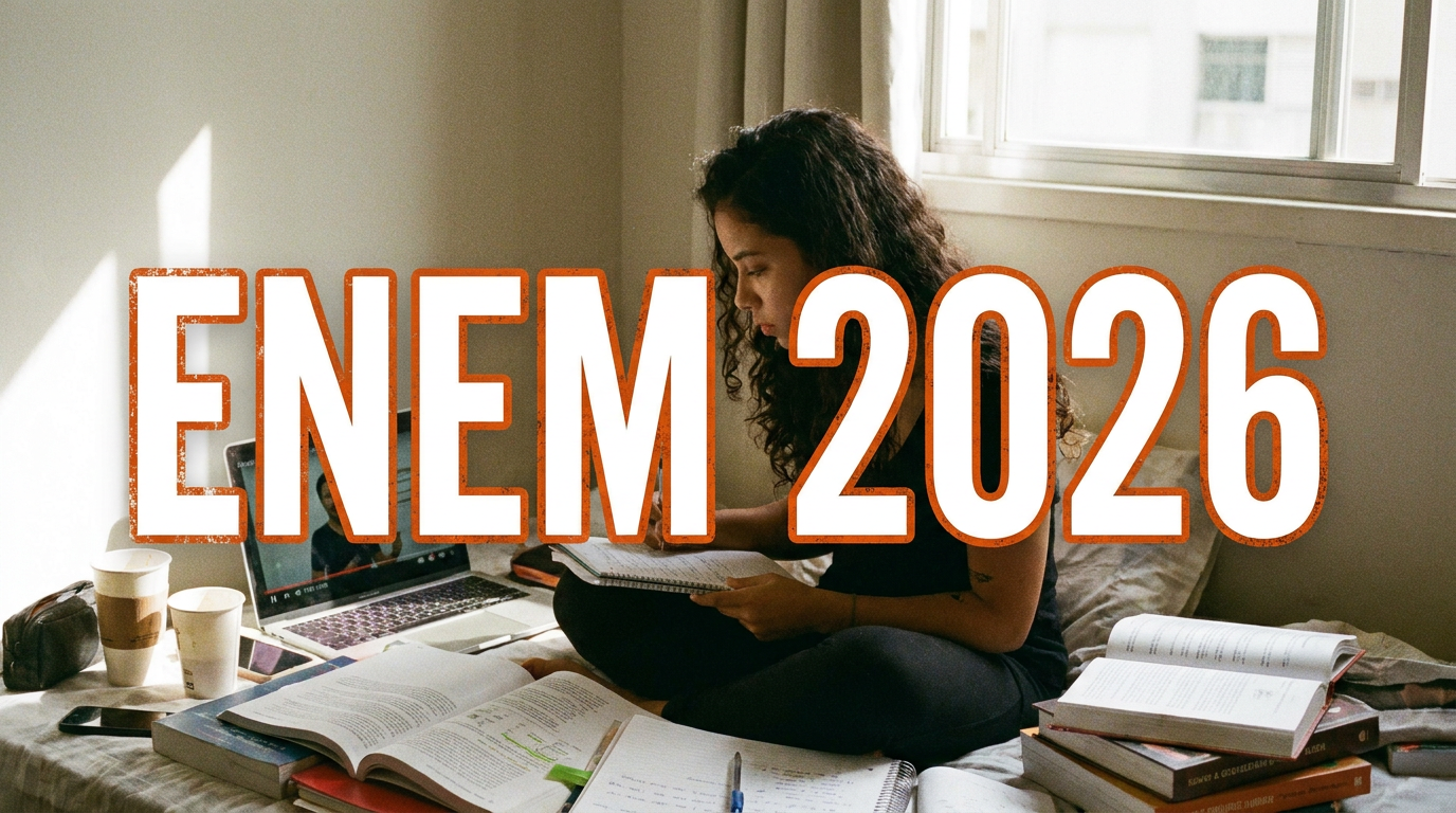 Jovem de cabelos cacheados estuda sentada na cama com livros abertos, caderno e laptop em quarto iluminado por luz natural.
