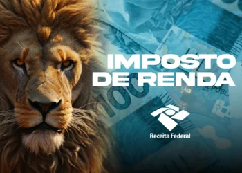 Leão e cédula de dinheiro ilustram o prazo para declarar o Imposto de Renda e antecipar a restituição.