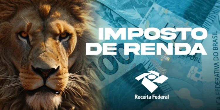 Leão e cédula de dinheiro ilustram o prazo para declarar o Imposto de Renda e antecipar a restituição.