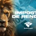 Leão e cédula de dinheiro ilustram o prazo para declarar o Imposto de Renda e antecipar a restituição.