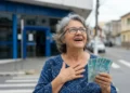 Idosa sorridente segurando notas de cem reais, representando os pagamentos de R$ 8.475,55 do INSS.