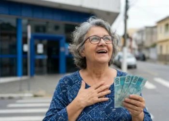 Idosa sorridente segurando notas de cem reais, representando os pagamentos de R$ 8.475,55 do INSS.