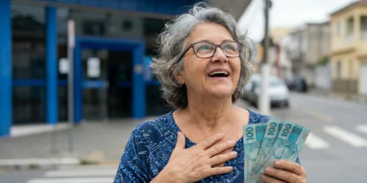 Idosa sorridente segurando notas de cem reais, representando os pagamentos de R$ 8.475,55 do INSS.
