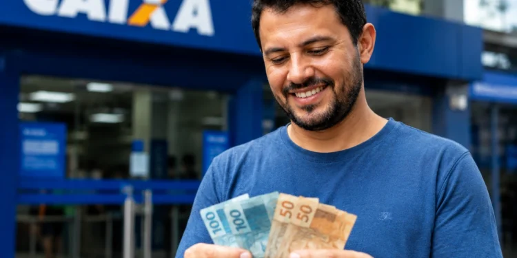 Homem segurando cédulas em frente a agência da Caixa, representando a confirmação de depósitos de até R$ 1.078,01 para CPFs finais 0 a 9.