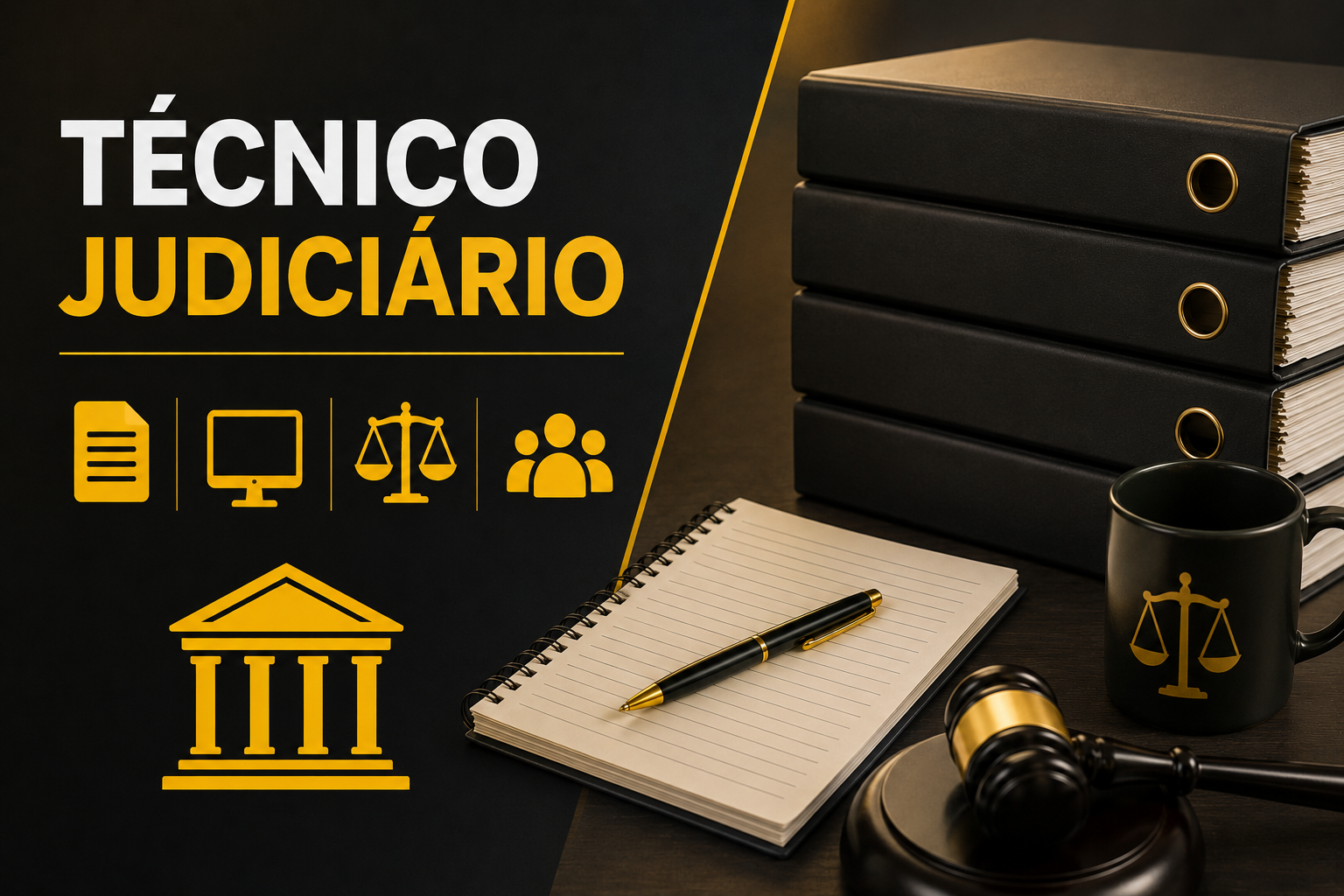 Arte com a expressão Técnico Judiciário, ícones de processos e tribunal, ao lado de pastas, caderno e martelo, em referência aos detalhes da carreira em 2026.